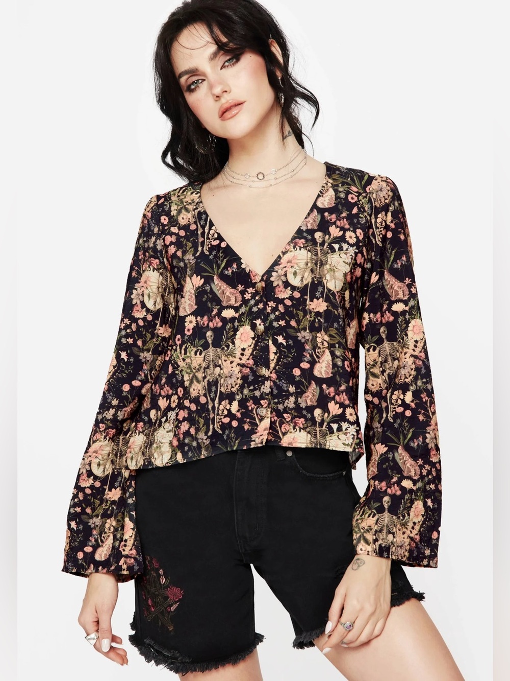 NWT Disturbia Pixie Floral Print Button Up Blouse Top US 2 / UK 6